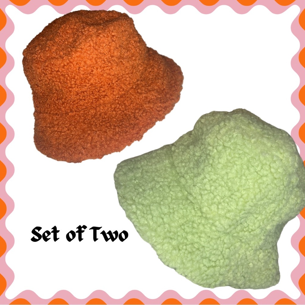 Set of Two Textured Bucket Hats - Orange and Green